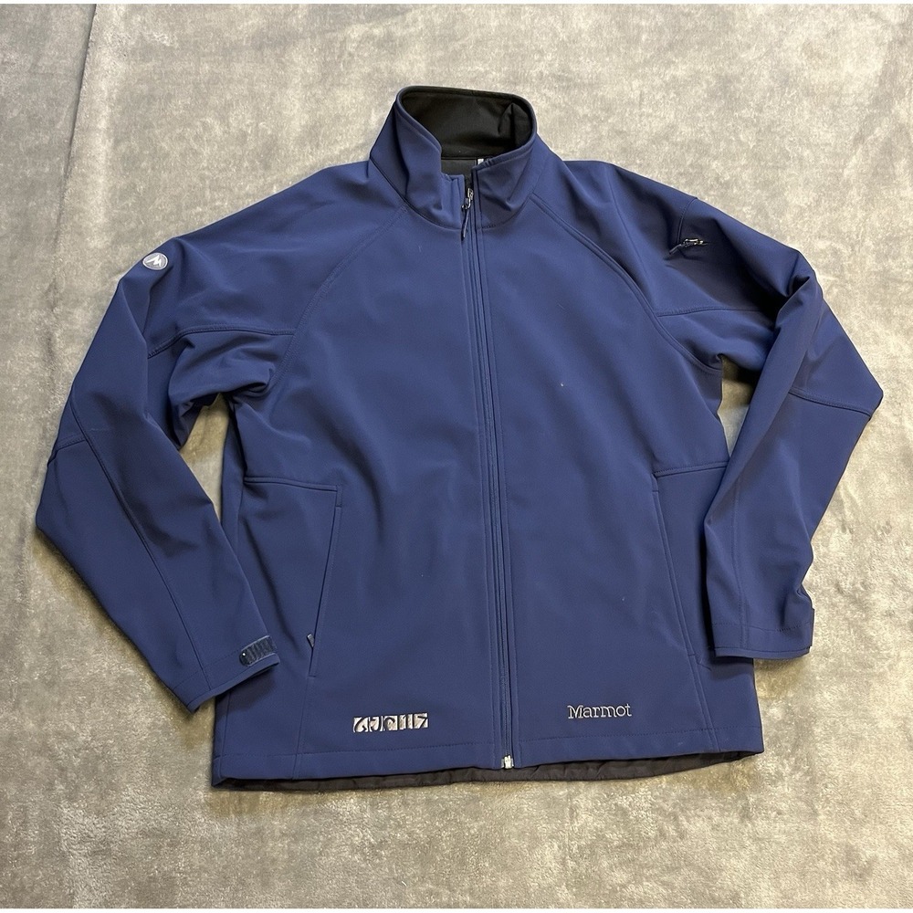 Marmot Gravity Softshell Jacket Men's Size L Navy Blue Full Zip Amway Logo EUC